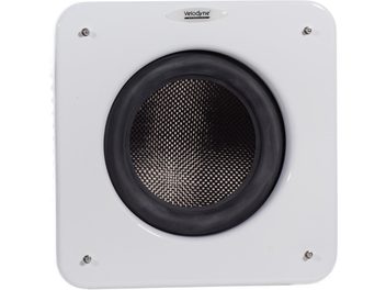 Subwoofer Velodyne MicroVee X blanco, vista frontal con altavoz negro central y esquinas redondeadas