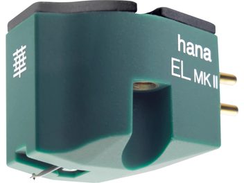 Gramofonová přenoska Hana EL MKII, tmavě zelené tělo, bílé nápisy a viditelný snímací hrot