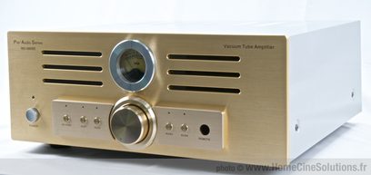Ampli à tubes hi-fi stéréo Pier Audio MS-680SE, façade or brossé, boutons et prises en façade, vue de face