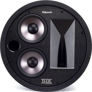 Klipsch THX-5002-L Einbaulautsprecher, Frontansicht, zwei runde schwarze Lautsprecher in einem runden schwarzen Gehäuse, THX Ultra2-Logo in der Mitte