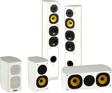 Sada sloupových reproduktorů Davis Acoustics Matisse v bílém lesklém provedení, 2 sloupy a 3 satelity, reproduktory v černé a žluté barvě