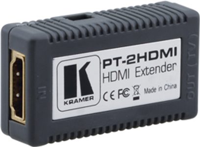 HDMI extender Kramer PT-2HDMI černý, pohled zepředu, 1 HDMI port a 1 žlutá LED vlevo, RJ45 konektor vpravo