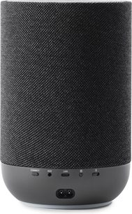 Verbundener Lautsprecher Denon Home 200 in Anthrazit, Rückansicht, schwarzer Stoff und graue Basis mit USB-Anschlüssen und Aux-Eingang