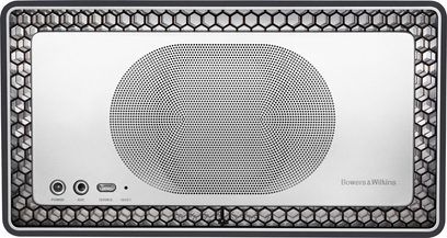Kabellose, vernetzte Bowers & Wilkins T7 Wireless Lautsprecher in Schwarz, Frontansicht, Wabengitter, Tasten oben