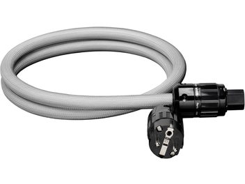 GigaWatt PowerSync PLUS pelēki sudraba krāsas pinuma maiņstrāvas barošanas kabelis ar melniem Schuko un IEC kontaktdakšām, satīts