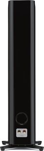 Yamaha NS-2000A grīdas akustiskā sistēma, aizmugures skats, melns lakots apdare, X formas pamatne, apaļš bassreflekss un sarkanas/melnas spailes