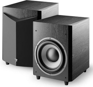 To sorte Focal Chorus SW 700 V basreflekskabinetter i mørkt træ, med rund højttaler og sort gitter, set fra 3/4 vinkel