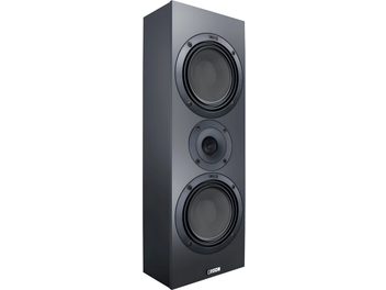 diffusore da parete Canton GLE 15 S2 nero laccato con due altoparlanti per i bassi e tweeter centrale, vista di tre quarti