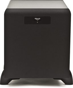 Klipsch SW-350 sort subwoofer, kubisk form, mat sort front med sølvfarvet logo i midten, set forfra