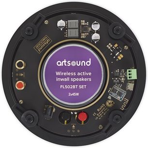 Lae sisseehitatav kõlar ArtSound FL502BT SET, ümmargune must, tagantvaade nähtavate pistikute ja vooluringidega