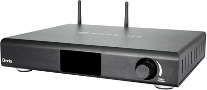 Nuprime Omnia A-200 sort hi-fi stereforstærker, set forfra, med display, knapper og stik på forsiden