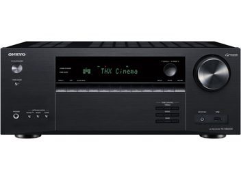 Onkyo TX-NR6100 svart hjemmekinoforsterker, frontvisning, grønn "THX Cinema"-skjerm, mange knapper og kontakter