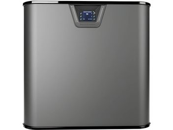 MartinLogan Depth 215 subwoofer in glossy black, front view with illuminated central control panel