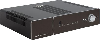 Roksan K3 v2 Integroitu Vahvistin oopiumin värinen, etunäkymä, musta etupaneeli hopeisilla napeilla ja liittimillä