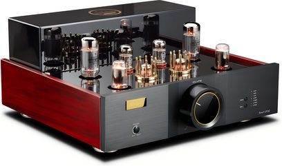Preamplificator stereo Cayin Soul 170C negru, metal periat, laterale din lemn, lămpi din sticlă, buton mare de volum, vedere 3/4 față