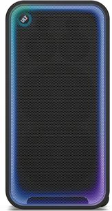 Bærbar svart Sony ULT TOWER MAX Bluetooth-høyttaler, sett forfra, med gitter og blåfiolett belysning