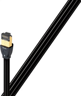 Ethernet tīkla kabelis RJ45 Audioquest Pearl melns, zelta RJ45 savienotājs, melna apaļa apvalka skats no sāniem