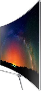 Samsung UE65JS9500 buet TV set fra siden, slukket skærm der viser et farverigt og klart natlandskab