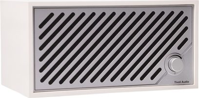 Cassa Tivoli Model Two Digital, scocca bianca con finitura plastica, frontale argentato con striature diagonali, manopola a destra
