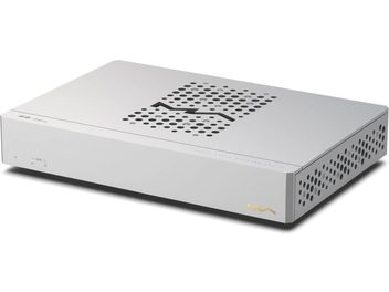 Switch‑splitter Matrix Audio SS‑1 Pro en aluminium gris clair, vue trois‑quarts avant droite, capot supérieur à large grille de perforations circulaires formant un motif M, façade lisse avec LED et logo doré, flanc droit également ajouré