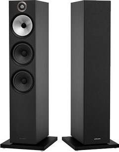 Bowers & Wilkins 603 sort søjlehøjttaler set forfra og fra siden, 2 højttalere, 1 aluminium diskanthøjttaler