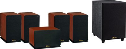 Sada regálových reproduktorů Davis Acoustics EVA 5.1 ořech: 5 kompaktních reproduktorů a 1 subwoofer, tmavé dřevěné provedení