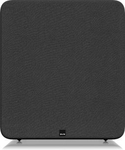 Caja de graves SVS PB-5000 R|Evolution frontal con rejilla de tela negra, forma cuadrada y logotipo de SVS en la parte inferior central
