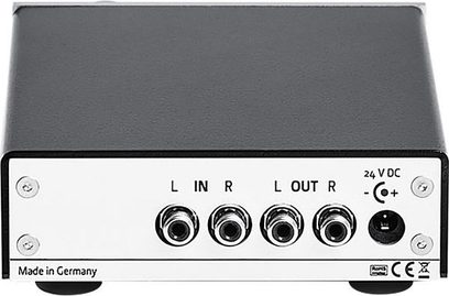 Preamplificatore per cuffie Lehmann Audio Drachenfels argento, vista frontale, 4 prese jack da 6,35 mm, 2 potenziometri, interruttore, LED