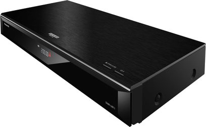 Panasonic DMR-UBT1EC sort Blu-ray-optager, forfra, blank front med display og knapper, aflang rektangulær form