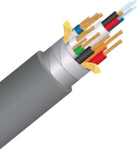 Grå kabel med gennemsigtig kappe, der afslører farvede tråde i orange, gul, grøn, blå og rød ved enden