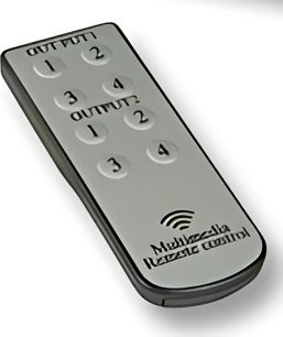 Rektangulær sort fjernbetjening "Multidata Remote Control" med 12 grå runde nummererede knapper fra 1 til 4 i 3 rækker