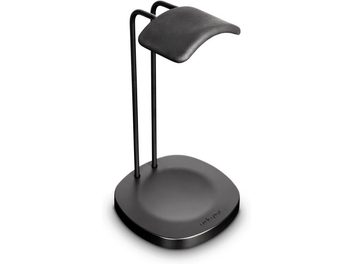 Matte black metal Audioquest Perch headphone stand, round base, curved vertical stem with hook to hang headphones