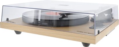 Hi-fi gramofon Enova HIFI Vision 2 SET Beech z osnovo iz svetlega lesa, prozornim pokrovom, črnim krožnikom in tonsko ročico