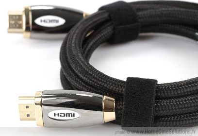 Neutrino Optimal 5 m sort HDMI-kabel, guldbelagte stik, sort flettet kappe, nærbillede af enderne
