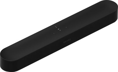 Černý soundbar Sonos Beam Gen 2, pohled v perspektivě, kompaktní design s horními dotykovými ovladači
