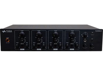 Hi-fi stereo forstærker Taga Harmony TA-600MULTI, set forfra, 4 kontrolzoner, volumeknapper, diskant, bas, USB- og MP3-indgange