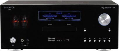 Advance Paris MyConnect 150, schwarzer integrierter Stereo-Verstärker, Frontansicht, blaue Anzeige, Tasten und Anschlüsse an der Vorderseite, 2 Pegelanzeigen mit Nadelwertanzeige
