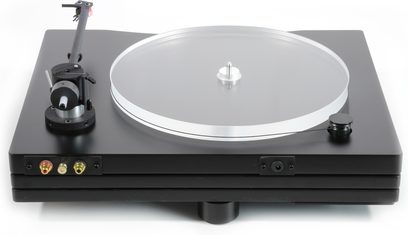 New Horizon 203 sort pladespiller med VM520EB-pickup, rund sølvfarvet pladespiller, sort tonarm, rektangulær sort base