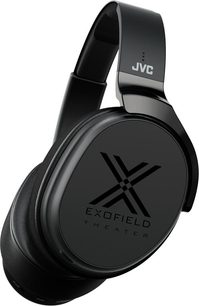 JVC XP-EXT1 sort hovedtelefoner, venstre profilvisning, oval ørepude med hvidt "X"-logo, polstret hovedbøjle med "JVC"-påskrift