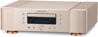 Marantz SA-7S1 sølv/guld CD-afspiller, forsiden er sølvfarvet, blåt display, gyldne knapper, lys træindfatning