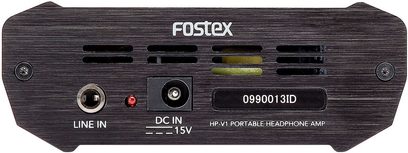 Bærbar hovedtelefonforstærker Fostex HP-V1 sort, forside med stik og knapper, tæt forfra-visning