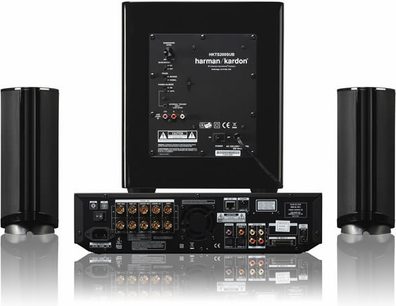 Harman Kardon BDS 300 svart hjemmekinoanlegg bestående av en bassrefleksboks og to høyttalere, sett forfra