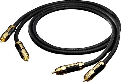 Oehlbach Black Connection Master 1m analog RCA-lydkabel i sort med tekstureret plastkappe, guldbelagte metalstik med sorte, kornede hylstre, set fra oven