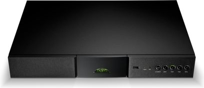 Naim Audio DAC sort audio-konverter, set forfra, med audio-stik og tændt grønt indikatorlys