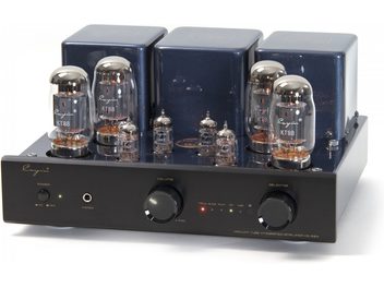 Cayin CS-55A KT88 juodas integruotas stereo vamzdelių stiprintuvas, juodas metalinis korpusas ir tamsiai mėlyni dangteliai, viršuje matomos keturios didelės KT88 lempos ir trys mažos 12AX7/12AU7 lemputės, priekinėje dalyje – logotipas, maitinimo mygtukas, ausinių lizdas, garso stiprumo reguliatorius ir LED šviesomis pažymėtas selektorius, vaizdas iš trijų ketvirčių priekio