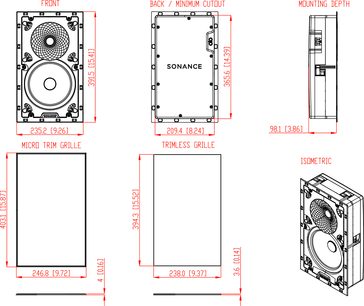Zapuštěný nástěnný reproduktor Sonance VX86, technický náčrtek s rozměry v milimetrech, pohled zepředu, zezadu a z boku