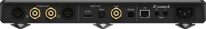 Síťový audio přehrávač Matrix Audio X-SABRE 3 v černém hliníkovém provedení, zadní pohled detail, pozlacené analogové výstupy XLR a RCA, vstupy HDMI IIS-LVDS, optický, koaxiální a USB-B, port LAN RJ45, dvojitý trigger konektor, síťový konektor IEC, kovové kuželové nožičky