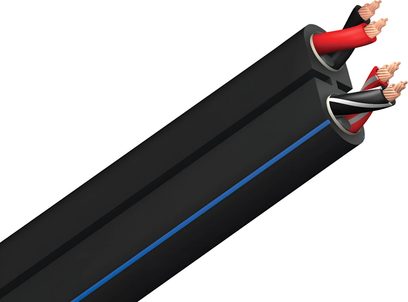 Audioquest Rocket 22 black cable, perspective view, 4 red and black conductors, black jacket, rectangular cross-section