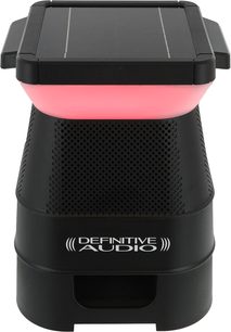 Přenosný Bluetooth reproduktor Definitive Audio Solar Easyrider, pohled zepředu, černý solární panel, růžové světlo, černá perforovaná mřížka