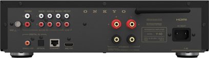Integrovaný stereo hi-fi zesilovač Onkyo Y-40, zadní panel s reprosvorkami, vstupy RCA, HDMI ARC, optickým a koaxiálním vstupem